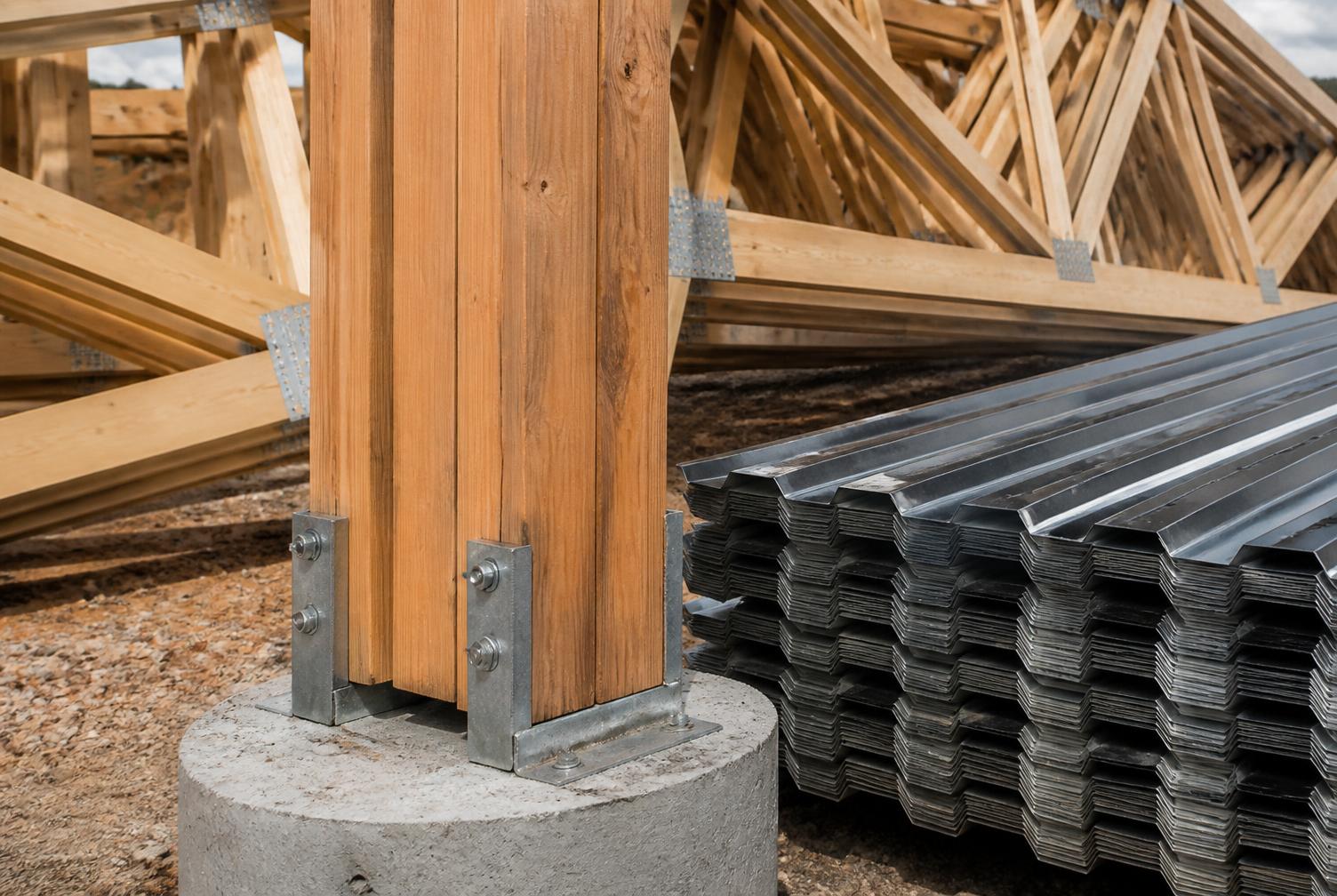 Laminated column on a concrete pier next to stacked roof trusses and ribbed steel roofing panels